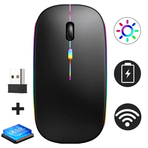 Mouse Gamer Sem Fio Recarregável Ergonômico de 1600 dpi com LED RGB para
