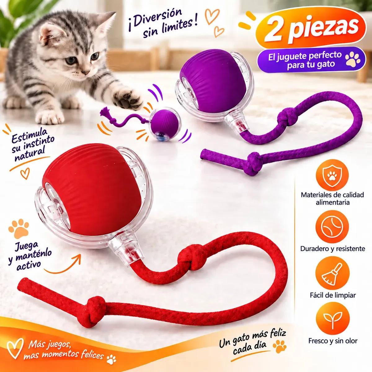 YATAIA 2 piezas Pelota Interactiva Juguetes Eléctrica Para Perro Gato, Pelota Giratoria Automåtica de 360°, Duraderos y Recargables por USB Juguete Interactivo con Pelota para Gatos