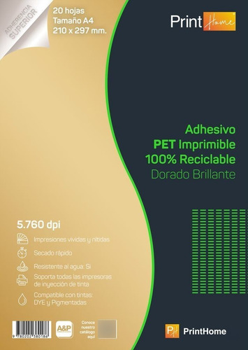 Papel Pet Adhesivo Imprimible Dorado Brillante A4x20hj 