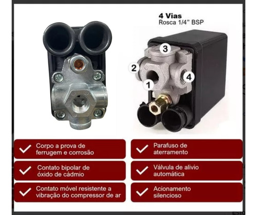 Pressostato Automático 80-120 Universal 4 Via Media Pressão