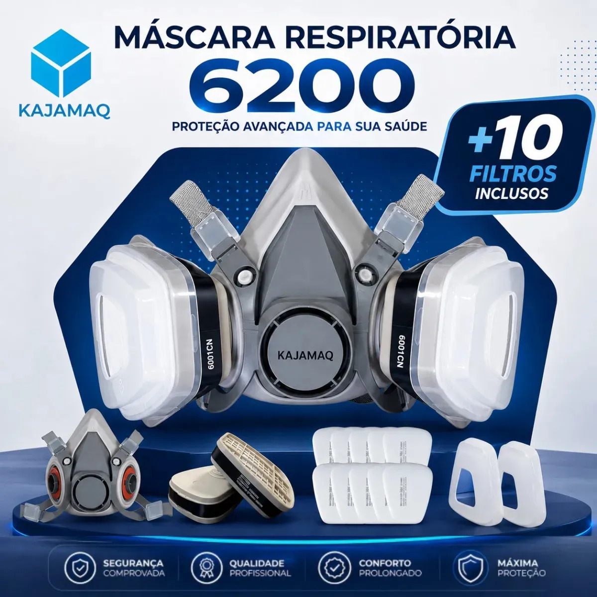 Máscara Pintura Automotiva 6200 G + 10 Filtros 5n1 Premium Completa pré filtro Cartucho 6001 Carvão Ativo 5n11 Mascara Semi Facial Respirador Reutilizável Funilaria Soldador Proteç