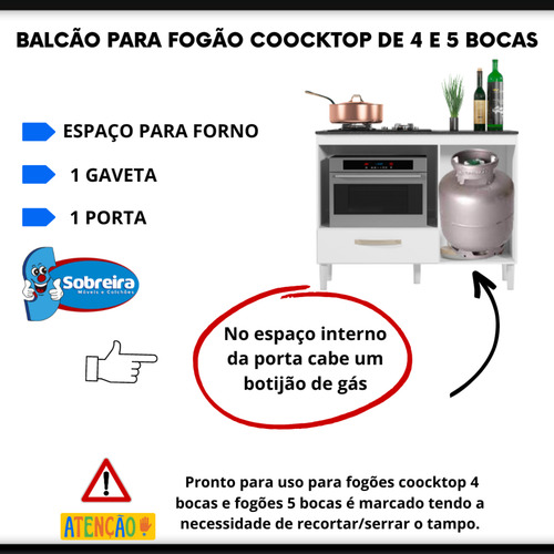 Balcão De Cozinha Compacto Évora Para Cooktop 4 E 5 Bocas Com 1 Gaveta E 1 Porta E Nicho Para Forno Multifuncional Cor Branco Sobreira Móveis