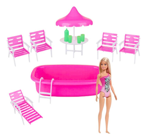 Barbie De Maiô + Piscina + Guarda-sol + Cadeiras + Mesas