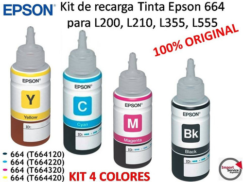 Kit De Recarga Tinta Epson 664 Para L200, L210, L355, L555