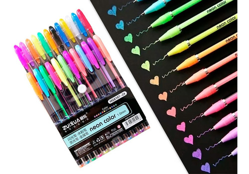 24 Lapices Gel Neon Colores Metalizados Boligrafos Glitter