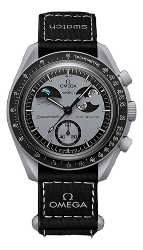 Pulseira de pulso Omega Swatch Moonswatch Mission Earthphase, moldura preta, fundo cinza escuro