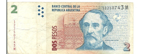 Argentina:billete 2 Pesos Serie  M  Tirada Corta  Bot. 3245