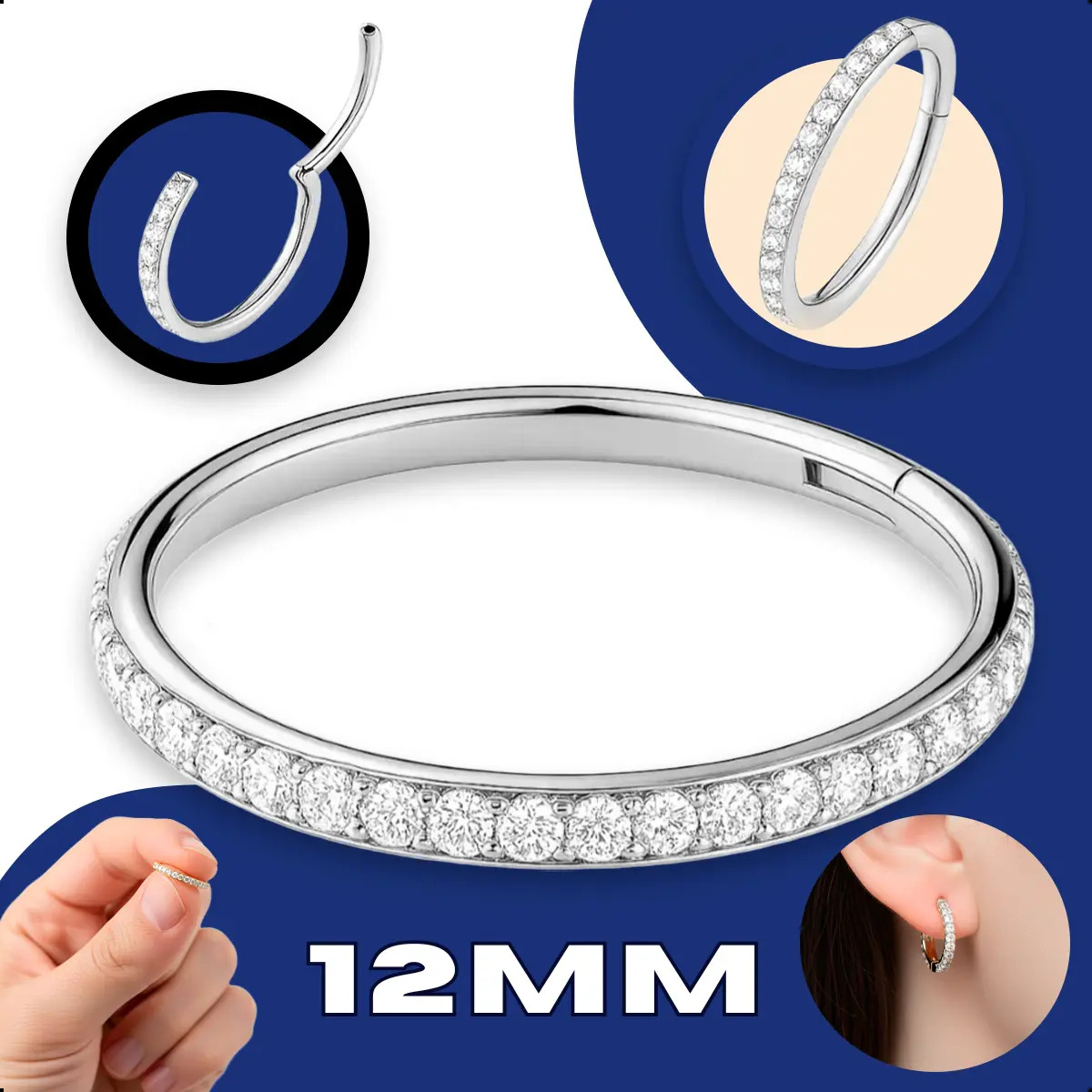 Piercing Titânio Argola Click Cravejada 12mm Prata Addiesdive