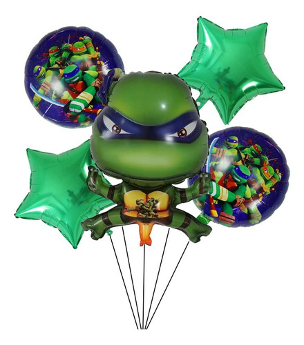 Pack 5 Globos Metalizados Tortugas Ninjas Redondo Estrella