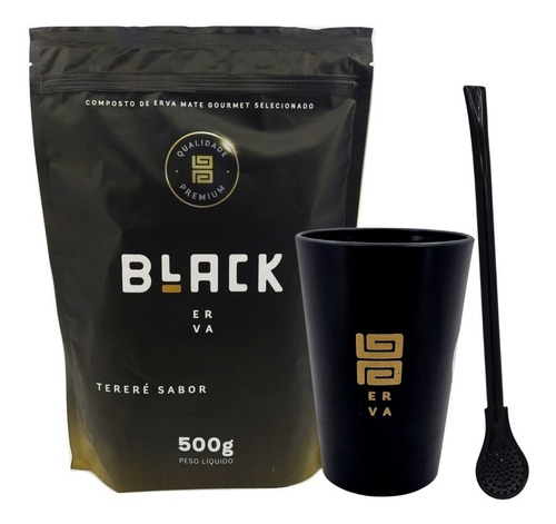 Kit Tereré Black Erva Cuia E Bomba Preta + Erva Sabores 500g