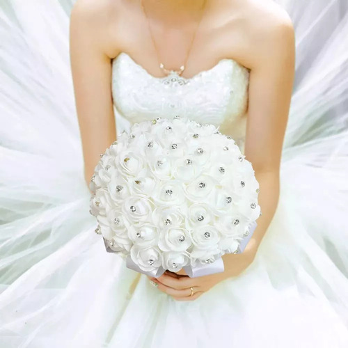 Ramo De Novia Blanco Artificial De Cristal Rosa