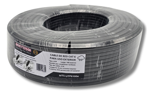 Cable Cat6 100m Utp Ext. Negro Amitosai Uv