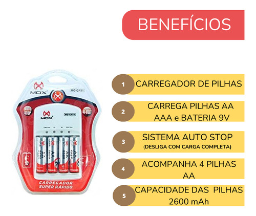 Carregador Super Rápido + 4 Pilhas Recarregável Aa 2600mah