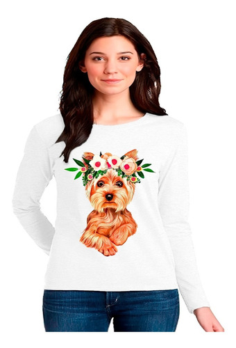 Polera Manga Larga Algodón Perrita Yorkshire Terrier Flores