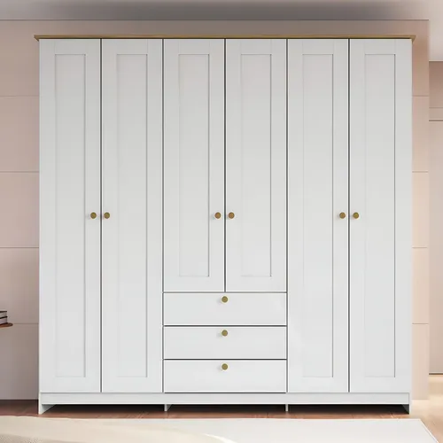 Guarda-roupa Casal 6 Portas 3 Gavetas Americano 182cm RP2630 Cor Branco/Ipê - Decibal Móveis