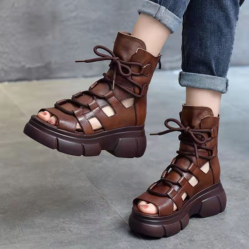 Zapatos Con Cremallera De Cuero Pu Sandalias De Mujer Retro