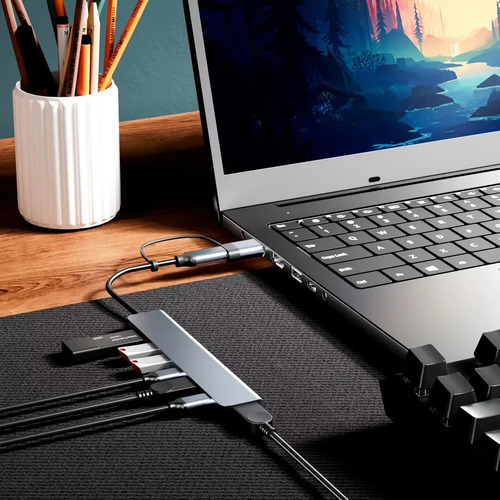Adaptador Hub Usb Y Tipo C Multifuncional 7 En 1 Notebook Azul Acero