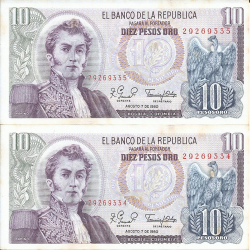 Colombia Dúo De Números Consecutivos, 10 Pesos 7 Agosto 1980