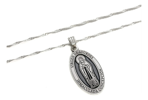 Cadena Y Dije Virgen Lourdes Inmaculada Concepción Plata 925 Plata 925 55 Cm
