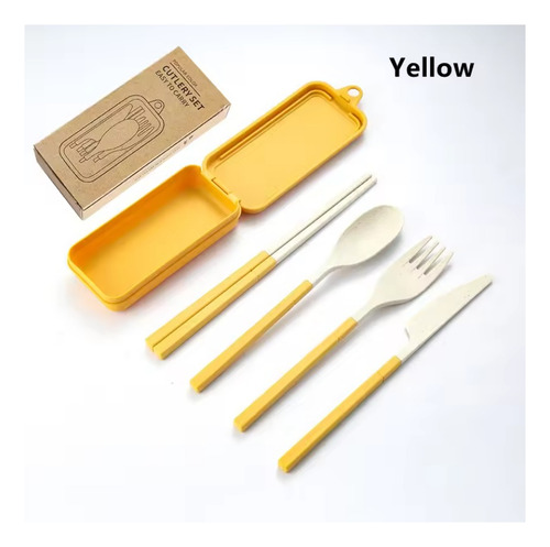 Juego De Cubiertos Portátiles Con Estuche Colores Set Comida Amarillo