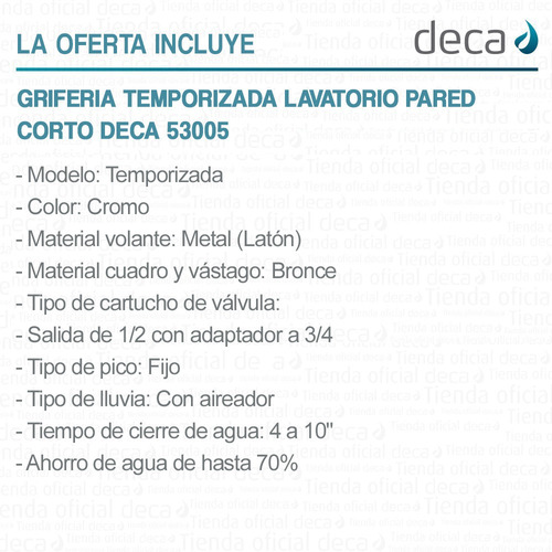 Imagen 6 de 10 de Griferia Temporizada Lavatorio Pared Corto Deca 53005