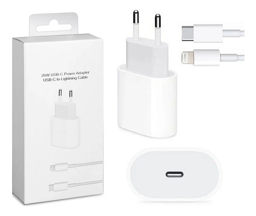 Cabo E Fonte Compatível iPhone SE X Xr 11 12 13pro Usb-c 20w Cor Branco