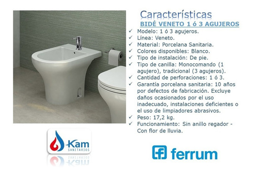 Imagen 4 de 10 de Juego Veneto Ferrum Inodoro Sin Tapa + Depósito Dual + Bidet