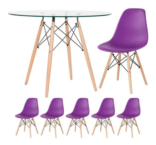 Kit - Mesa Eames Tampo Vidro 100 Cm + 5 Cadeiras Eiffel Dsw Cor Roxo