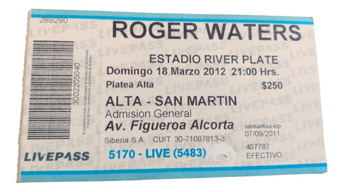 Entrada Recital Roger Waters En Argentina - 18 Marzo 2012
