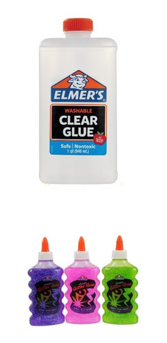 Kit Slime Elmers Clear Glue 946ml + 3 Glitter 147 Ml
