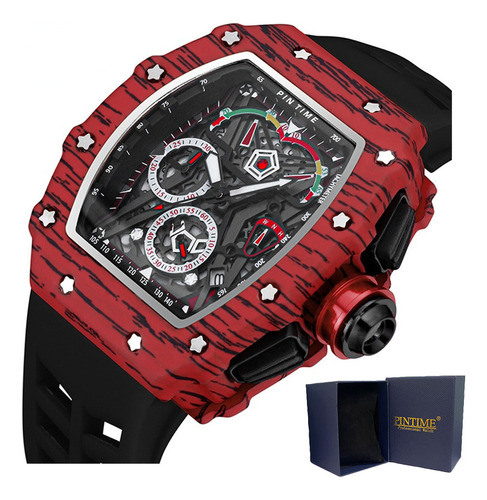 Reloj de pulsera Pintime 8132 de cuerpo color negro, analógico, para hombre, con correa de silicona color negro y rojo y hebilla enchufe