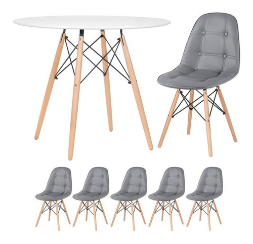 Kit Mesa Jantar Eames Wood 90 Cm E 5 Cadeiras Eames Botonê Cor Da Tampa Mesa Branco Com Cadeiras Cinza Escuro