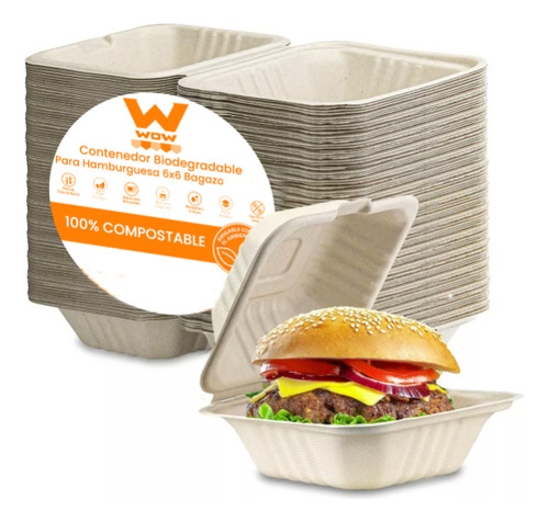 Contenedor Biodegradable Para Hamburguesa 6x6 Bagazo 200 Pzs Color Beige WOW BGBX.G26X6.NT Color Beige