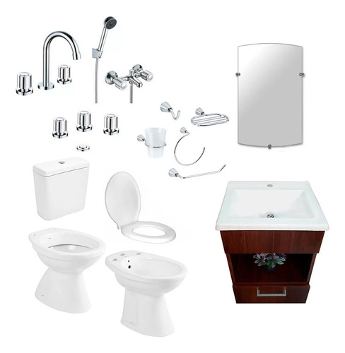 Imagen 1 de 10 de Juego Baño Vanitory Griferia Accesorio Tapa Completo