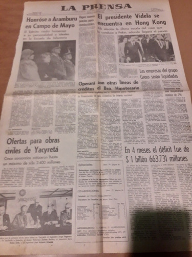 Tapa Diario La Prensa 03 06 1980 Yacyreta Aramburu Videla 