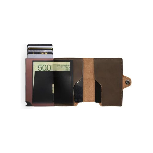 Billetera Doble Walla Wallets Vintage Pardo Cuero Rfid