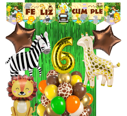 Combo Globos Animales De La Selva Safari Banderin Numero Dorado Número 6