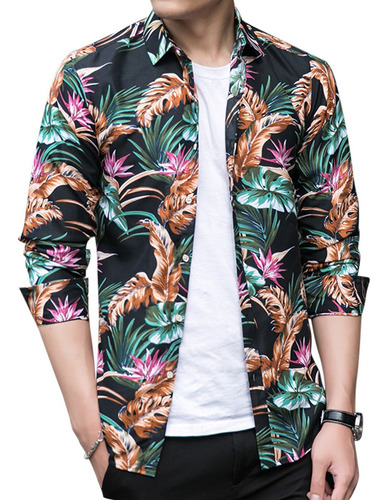 Polera Hawaiana Para Hombre Con Estampado De Hojas, Manga La