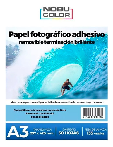 Papel Adhesivo Glossy Foto Removible A3 - 135 Grs. 50 Hojas