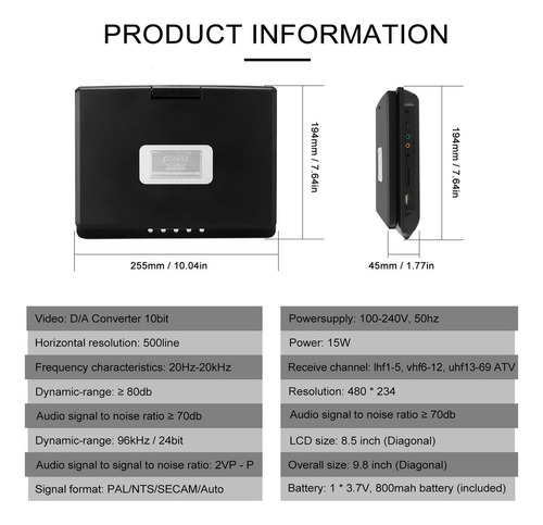 Reproductor De Dvd Portátil De 9,8 Pulgadas Hd Tv Vcd Mpeg M