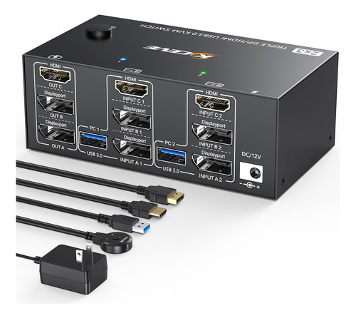 Conmutador Kvm 2 Computadoras 3 Monitores, Usb 3.0 Hdmi + Di