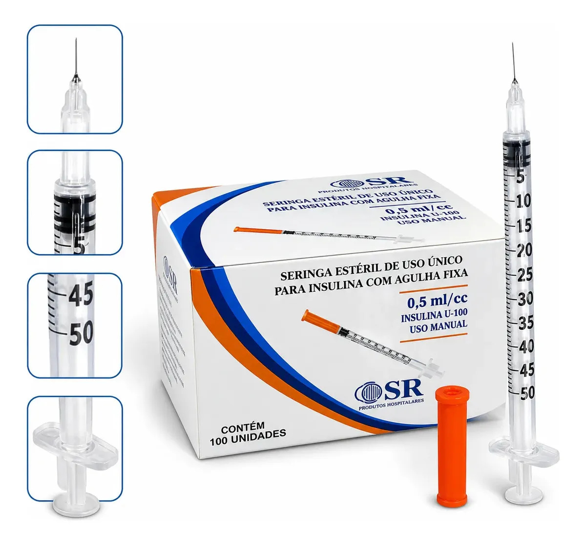 Seringa SR Insulina Agulha Fixa 0,5ml 08x0,30mm Agulha Fixa C/100 Und 0.5 Ml