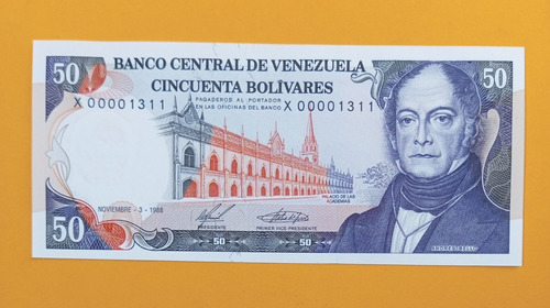 1988; Billete De 50 Bolívares, Serial Semi Bajo. Cond. Unc.