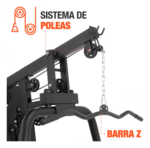 Gimnasio Multifuncional Jungla de Ejercicio LEVERKUSEN Estación Gym Boxeo Dominadas Predicador Poleas Estructura Negro Tapizado Negro