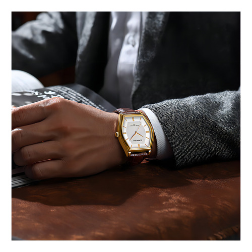 Relógios De Quartzo Masculinos De Couro Simples Crrju Cor Da Correia Marrom/dourado