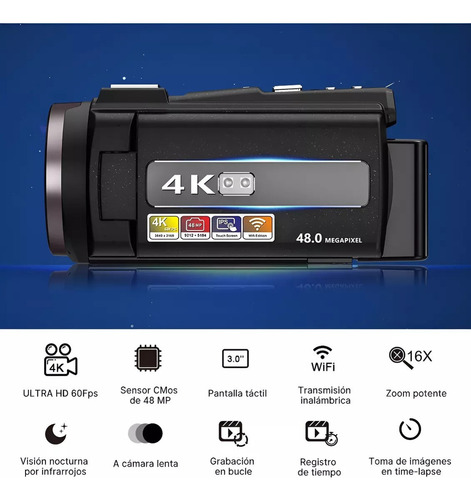 Videocámara Dv 4k 60 Fps 3.0 Pulgadas 18x Visión Nocturna Color Negro