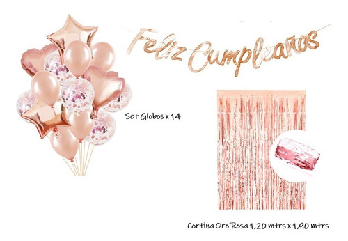 Kit Cumpleaños Oro Rosa Cortina + Globos + Letrero
