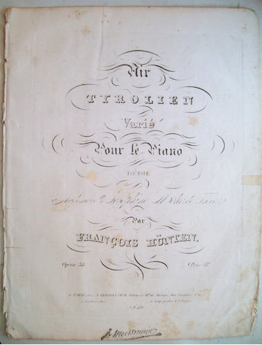 Partitura Antigua C 1820 Piano Air Tyrolien Francois Hunten