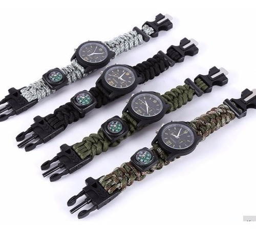 Reloj Pedernal Pulsera Silbato Brujula Acampa Airsoft Cordon