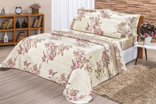  Jogo De Cama  Cobre Leito Requinte Casal Queen 03 Pçs Cor Floral Palha